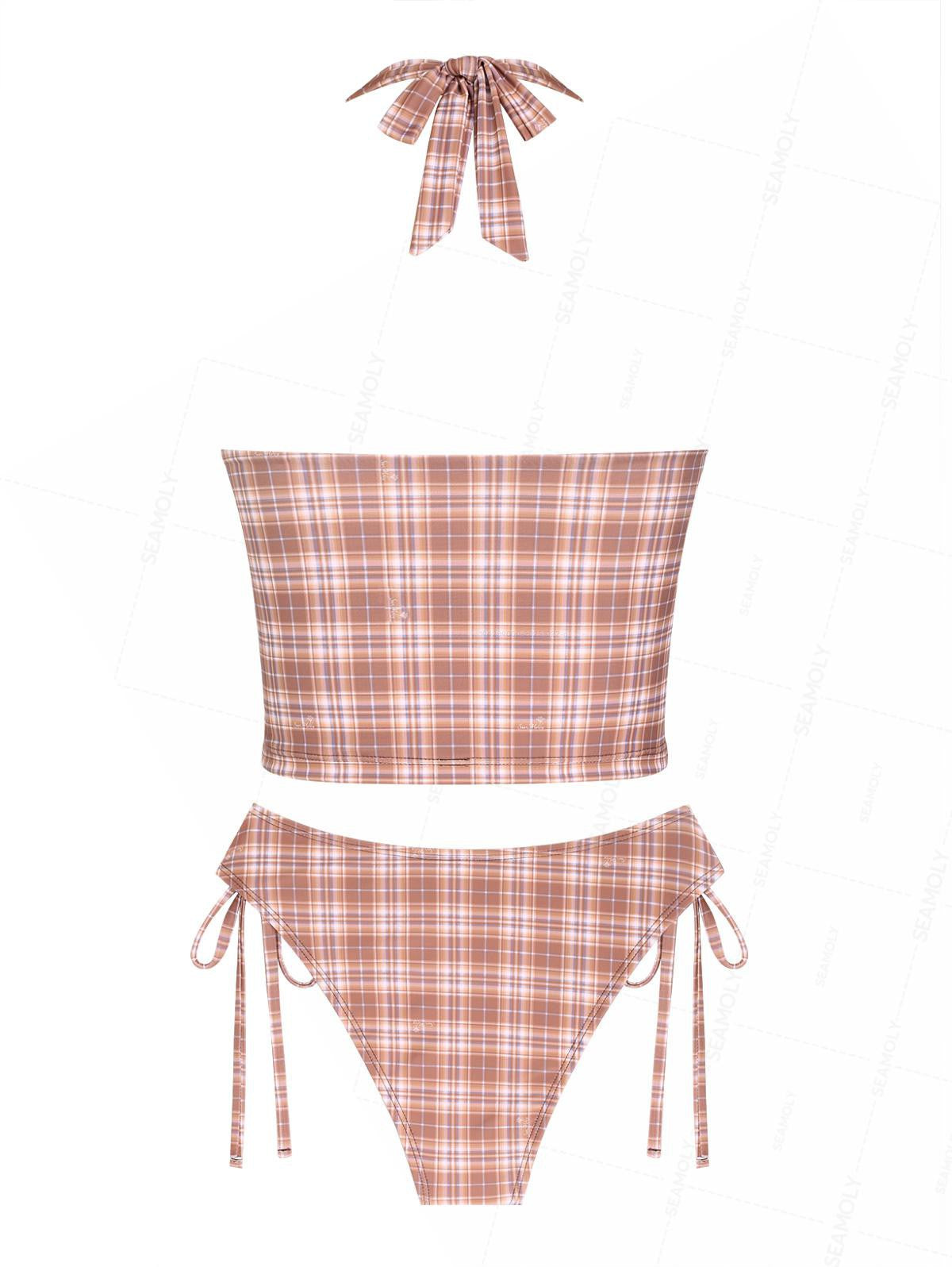 Seamolly Plaid Lace Plunging Neck Halter Tied Side Hipster Tankini Set