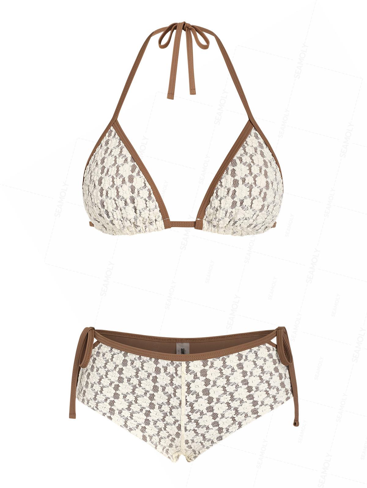 Seamolly Contrast Binding Lace Cutout Tied Side  Boyshorts Bikini Set