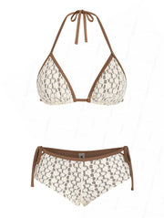 Seamolly Contrast Binding Lace Cutout Tied Side  Boyshorts Bikini Set