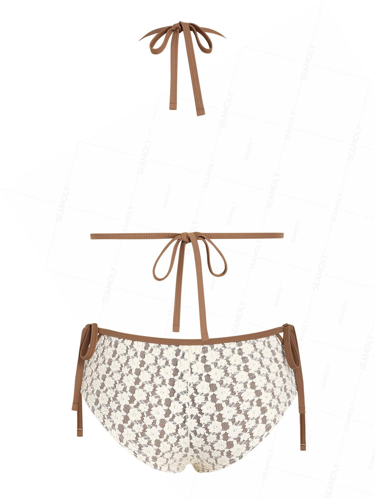 Seamolly Contrast Binding Lace Cutout Tied Side  Boyshorts Bikini Set
