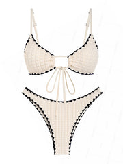 Seamolly Contrast Color Textured Whip Stitching Tied Bikini Set