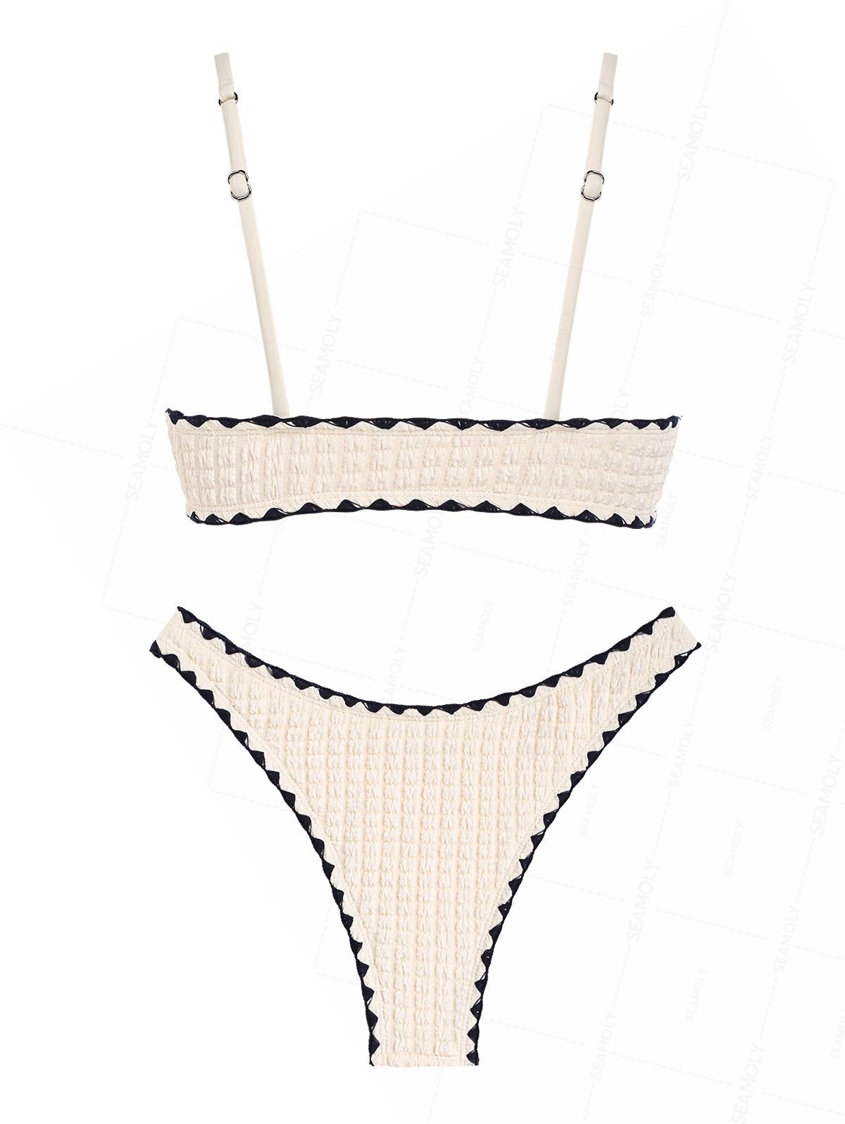 Seamolly Contrast Color Textured Whip Stitching Tied Bikini Set