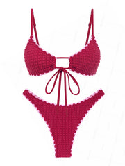 Seamolly Contrast Color Textured Whip Stitching Tied Bikini Set