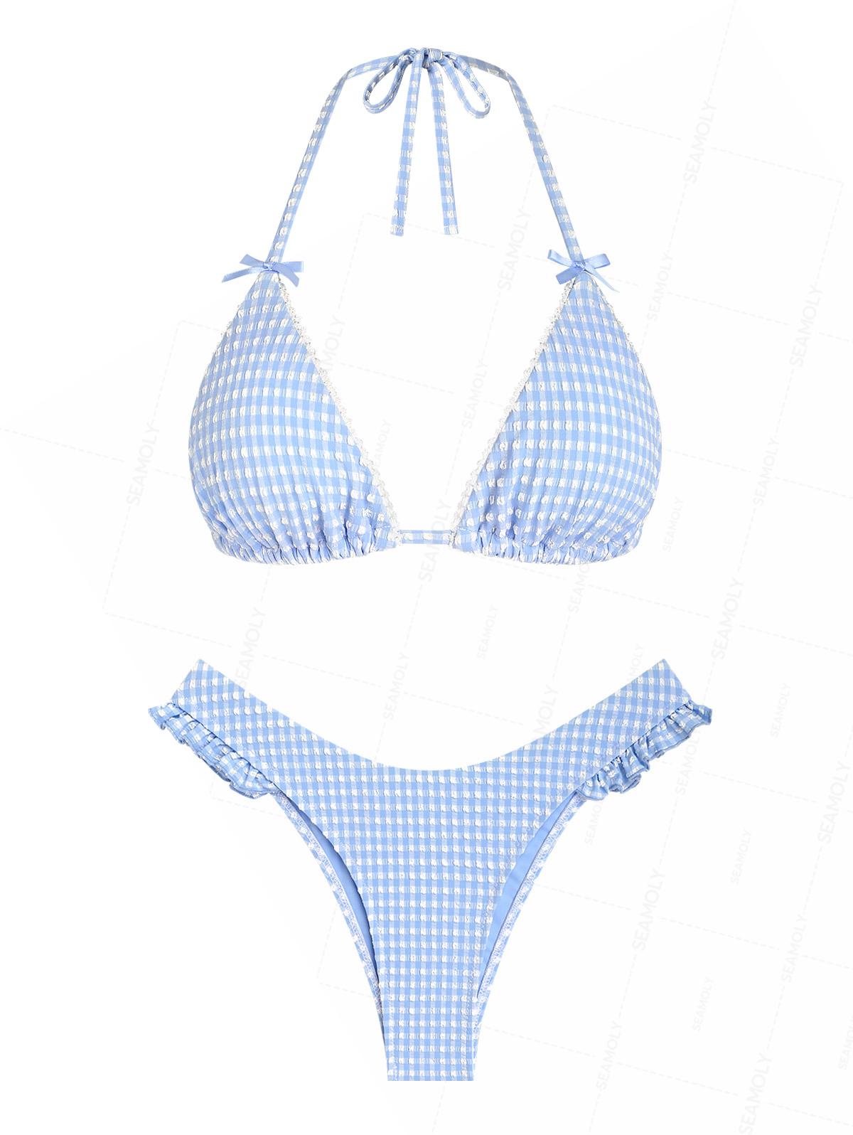 Seamolly Gingham Lace Bowknot Ruffles Trim  Bikini Set
