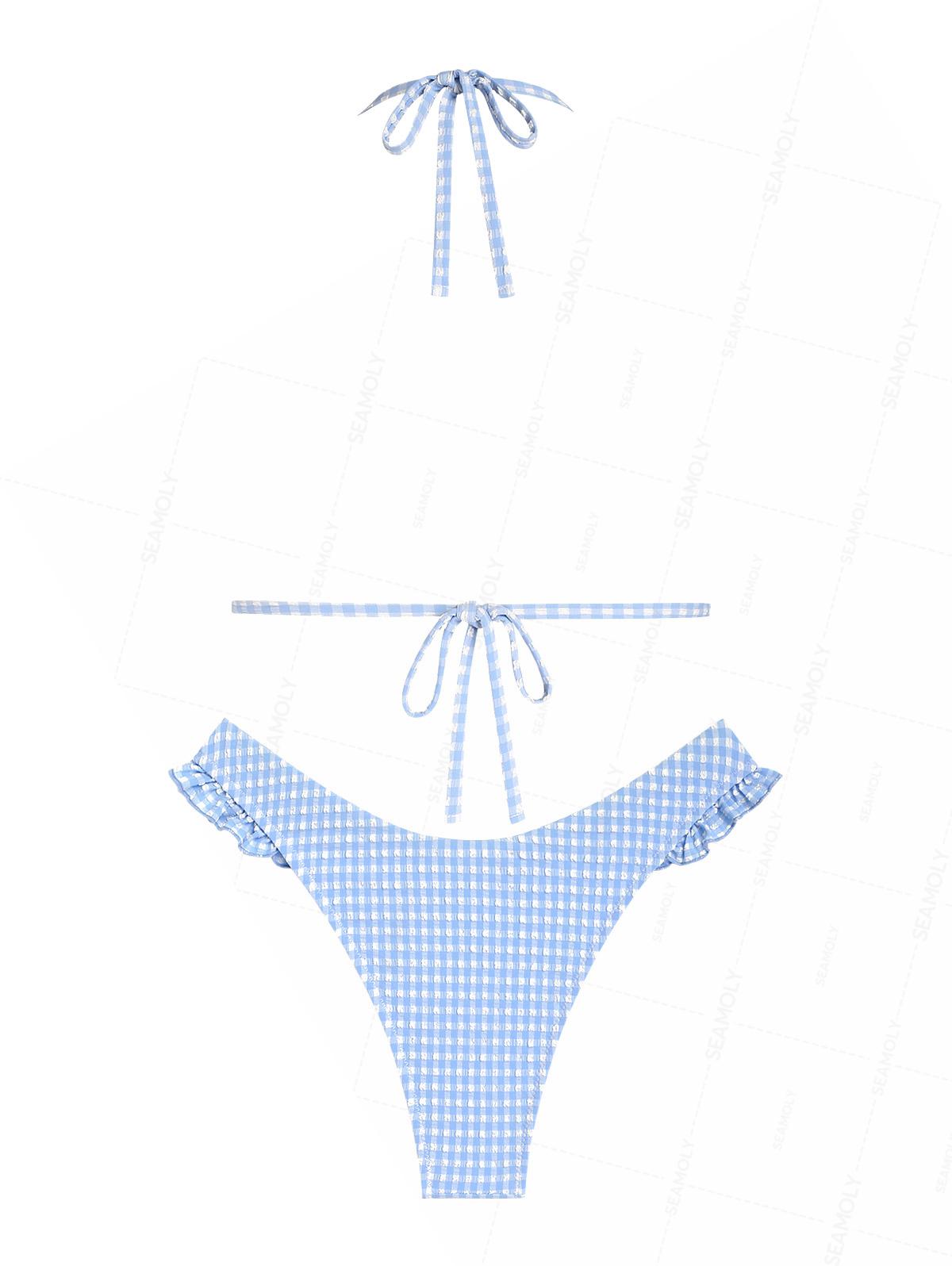 Seamolly Gingham Lace Bowknot Ruffles Trim  Bikini Set