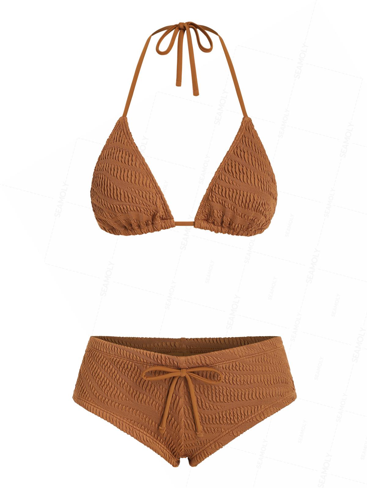 Seamolly Recycled Fabric Textured Halter Triangle Boyshorts Bikini Set