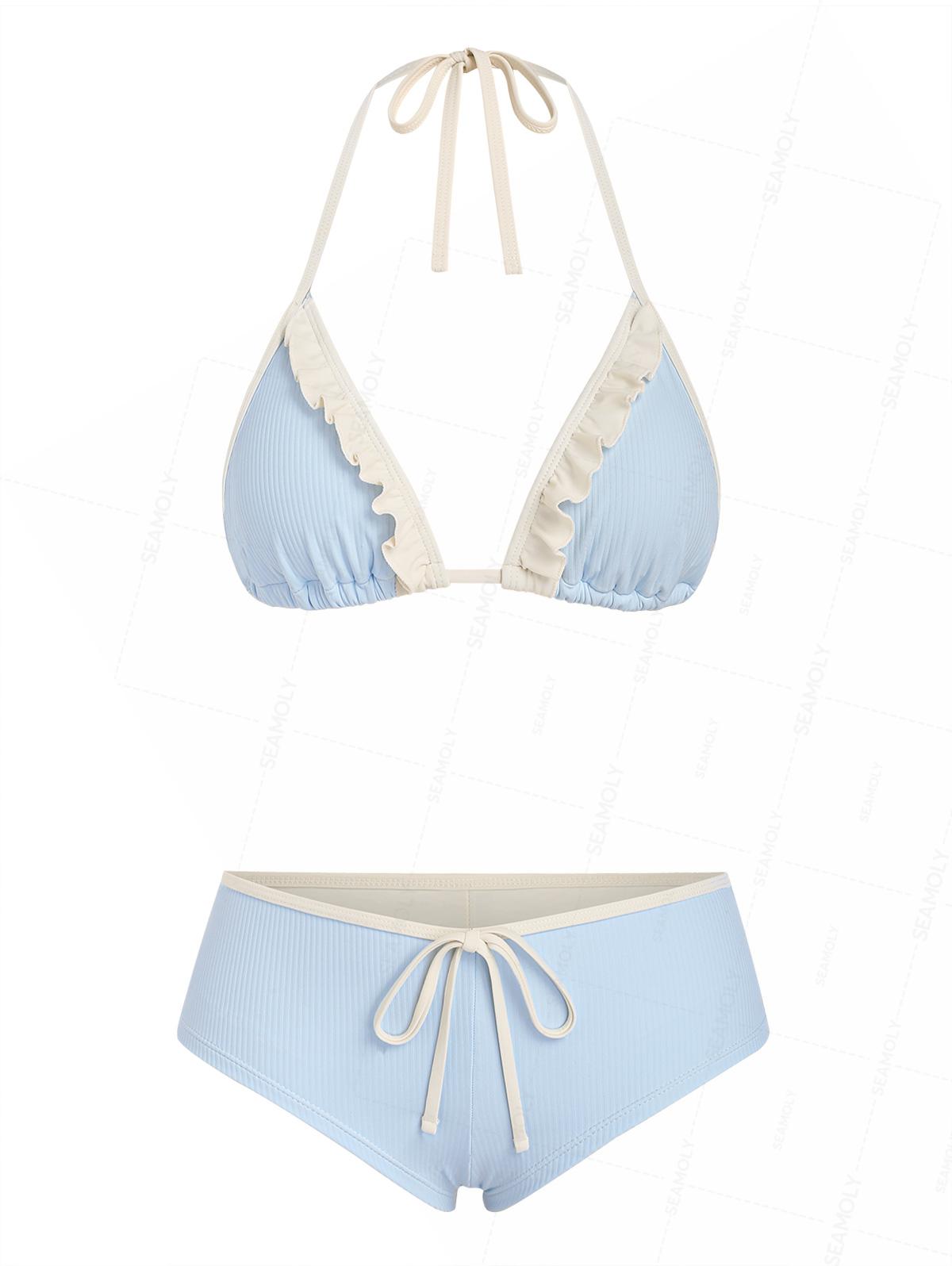 Seamolly Ribbed Ruffles Trim Halter Triangle Boyshorts Bikini Set