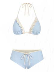 Seamolly Ribbed Ruffles Trim Halter Triangle Boyshorts Bikini Set
