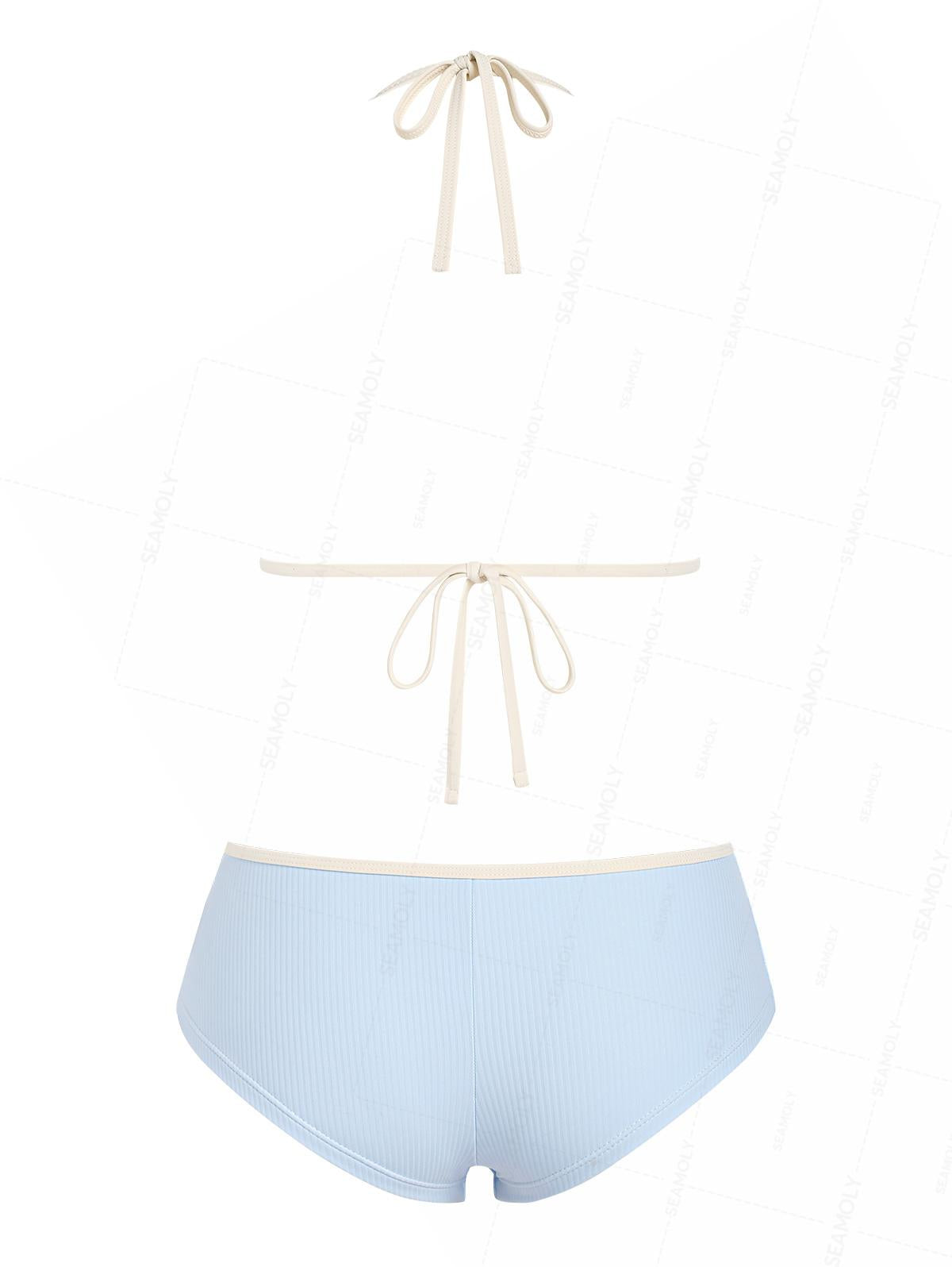 Seamolly Ribbed Ruffles Trim Halter Triangle Boyshorts Bikini Set