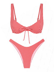Seamolly Gingham Bowknot Decor Cinched Tied Back Underwire Bikini Set