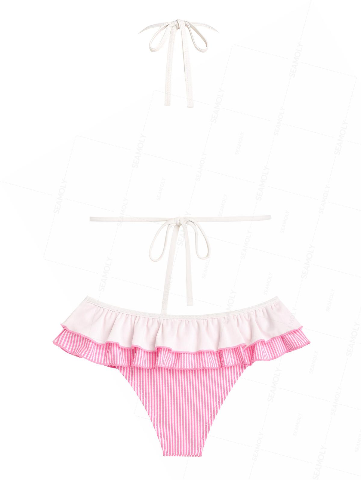 Seamolly Contrast Binding Striped Layered Peplum Halter Triangle Skirtini Bikini Set