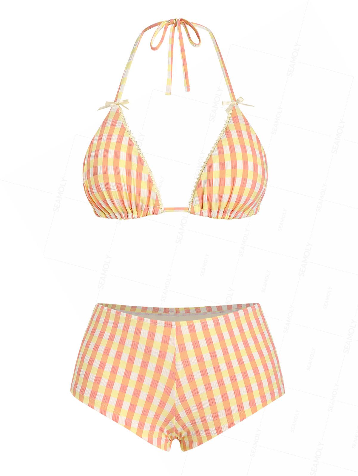 Seamolly Gingham Lace Trim Bowknot Decor Halter Triangle Boyshorts Bikini Set