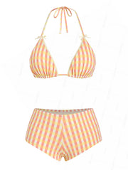 Seamolly Gingham Lace Trim Bowknot Decor Halter Triangle Boyshorts Bikini Set