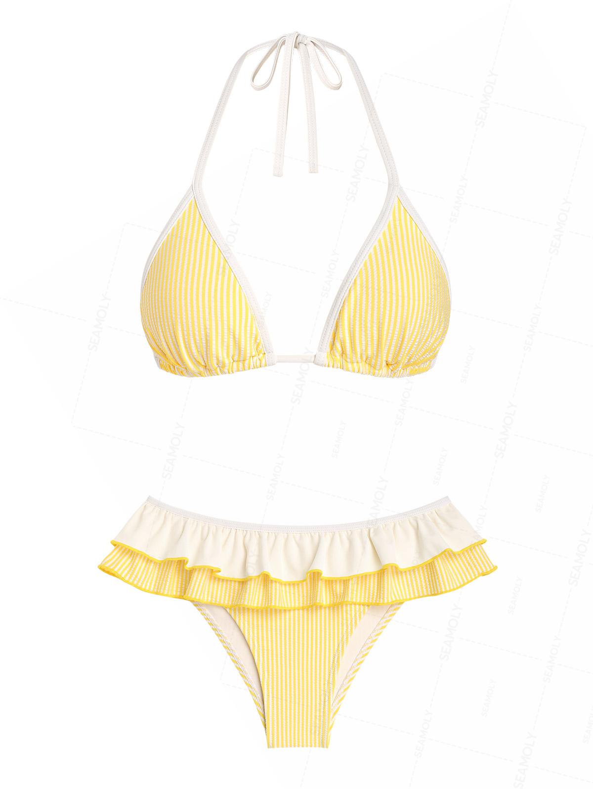 Seamolly Contrast Binding Striped Layered Peplum Halter Triangle Skirtini Bikini Set