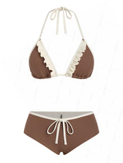 Seamolly Ribbed Ruffles Trim Halter Triangle Boyshorts Bikini Set