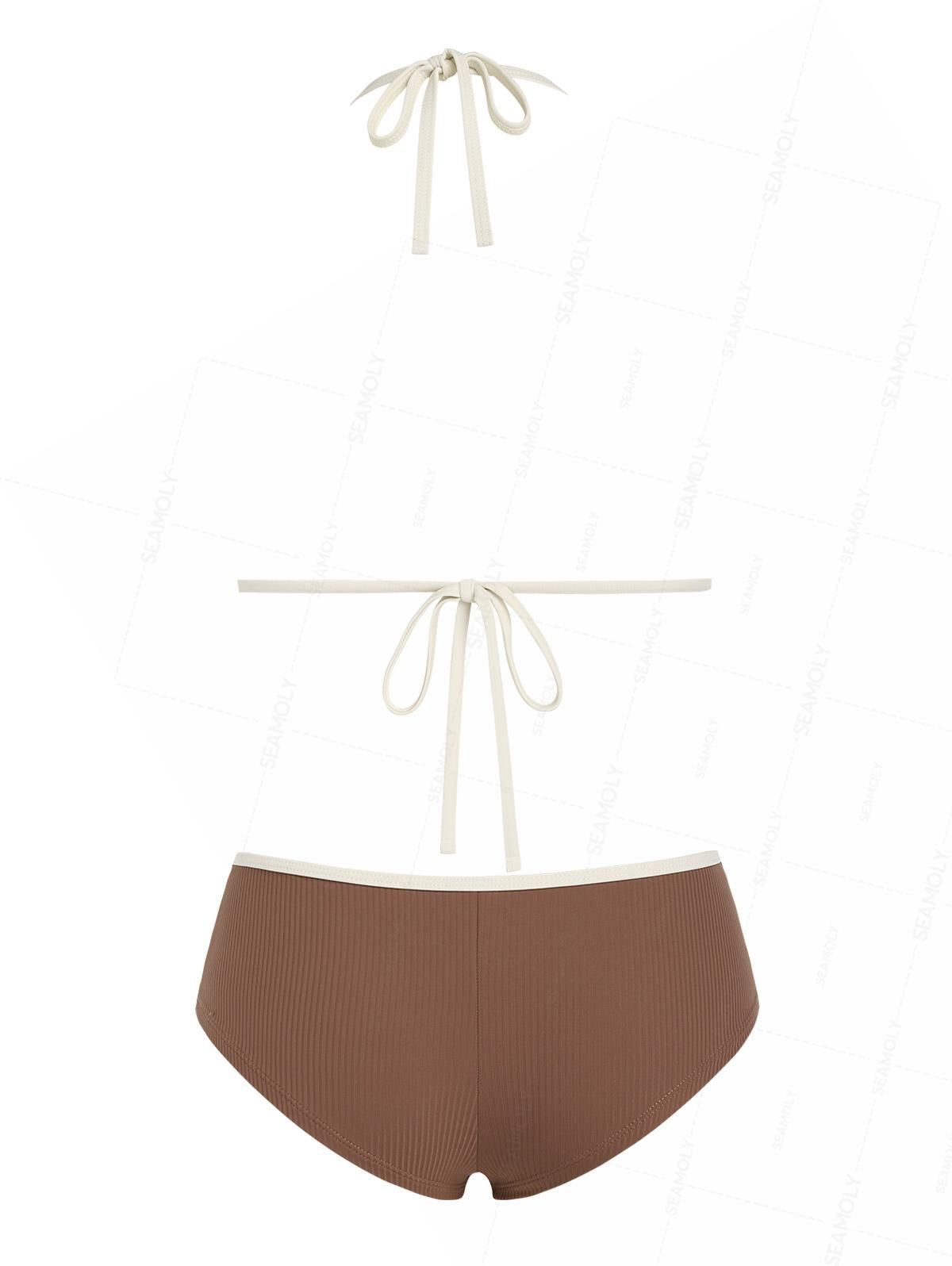 Seamolly Ribbed Ruffles Trim Halter Triangle Boyshorts Bikini Set