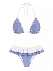 Seamolly Contrast Binding Striped Layered Peplum Halter Triangle Skirtini Bikini Set