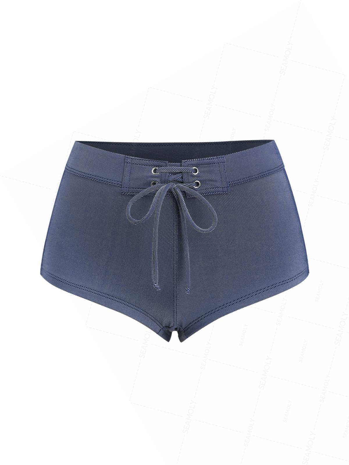Seamolly Vintage Denim Fabric Grommet Lace Up Beach Swim Bottom Boyshorts