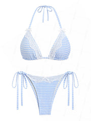 Seamolly Gingham Textured Lace Bowknot Halter Triangle Tie Side Bikini Set