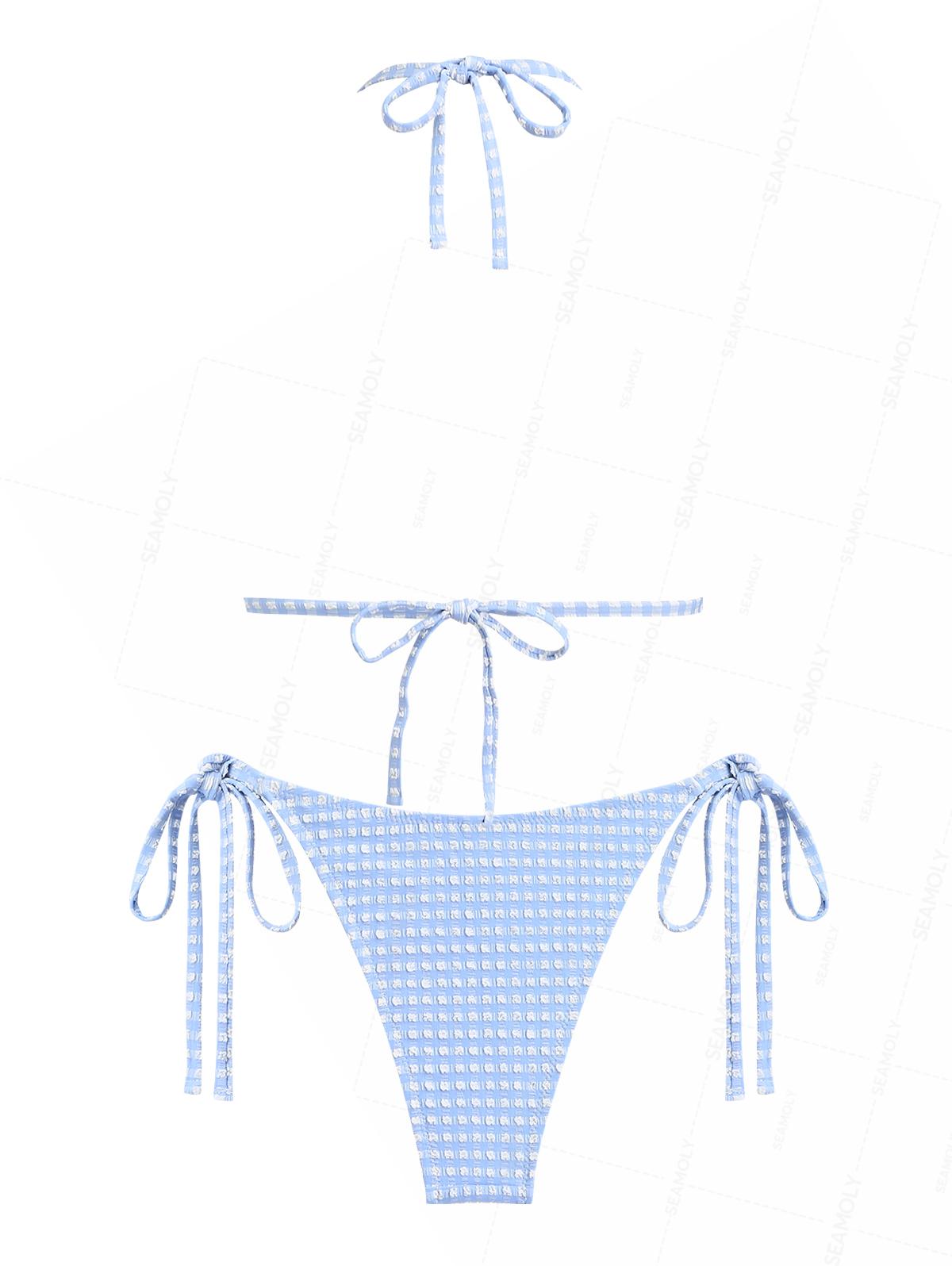 Seamolly Gingham Textured Lace Bowknot Halter Triangle Tie Side Bikini Set