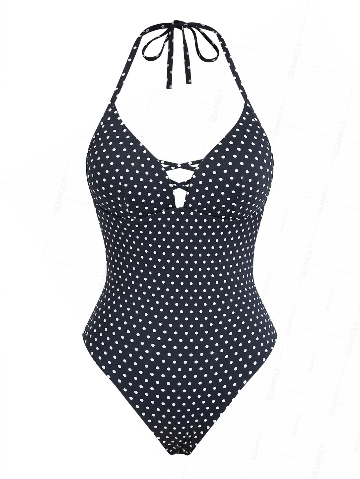 Seamolly Polka Dot Crisscross Open Back Halter One-piece Swimsuit