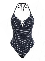 Seamolly Polka Dot Crisscross Open Back Halter One-piece Swimsuit