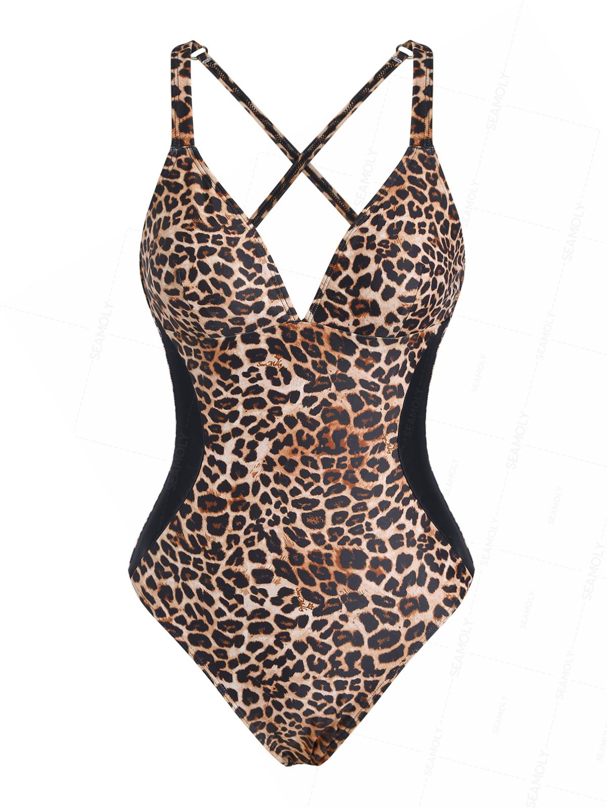 Seamolly Leopard Print Spliced Mesh V Neck One-piece Swimsuit