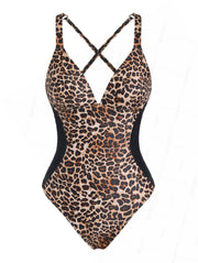 Seamolly Leopard Print Spliced Mesh V Neck One-piece Swimsuit