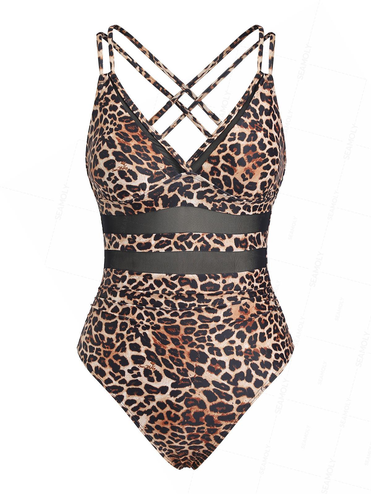 Seamolly Leopard Print Spliced Mesh Plunging Neck One-piece Swimsuit