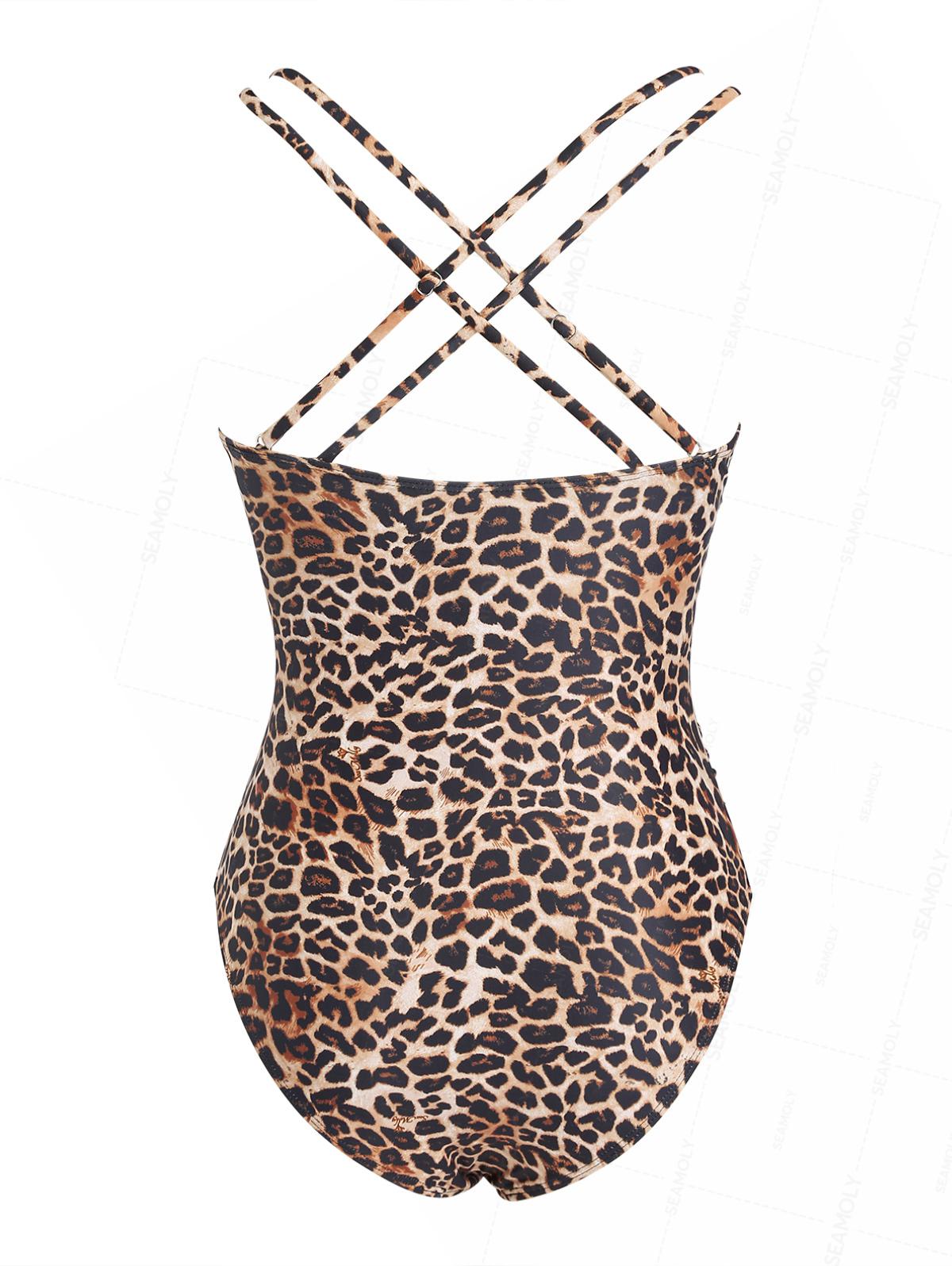 Seamolly Leopard Print Spliced Mesh Plunging Neck One-piece Swimsuit