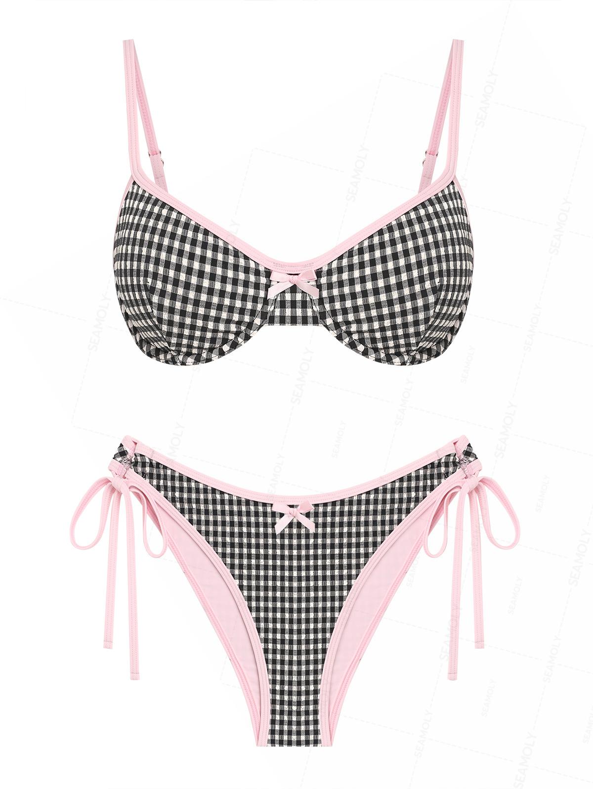 Seamolly Gingham Textured Contrast Binding Bowknot  Underwire Bikini Set