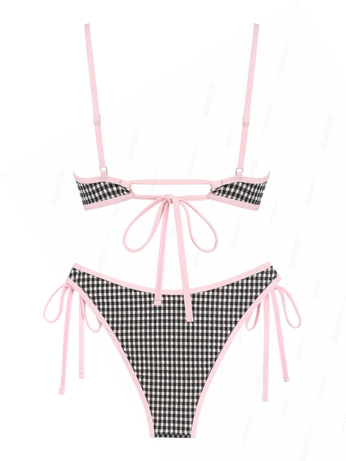 Seamolly Gingham Textured Contrast Binding Bowknot  Underwire Bikini Set