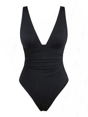 Seamolly Solid Color Ruched Plunging Neck One-piece Swimsuit