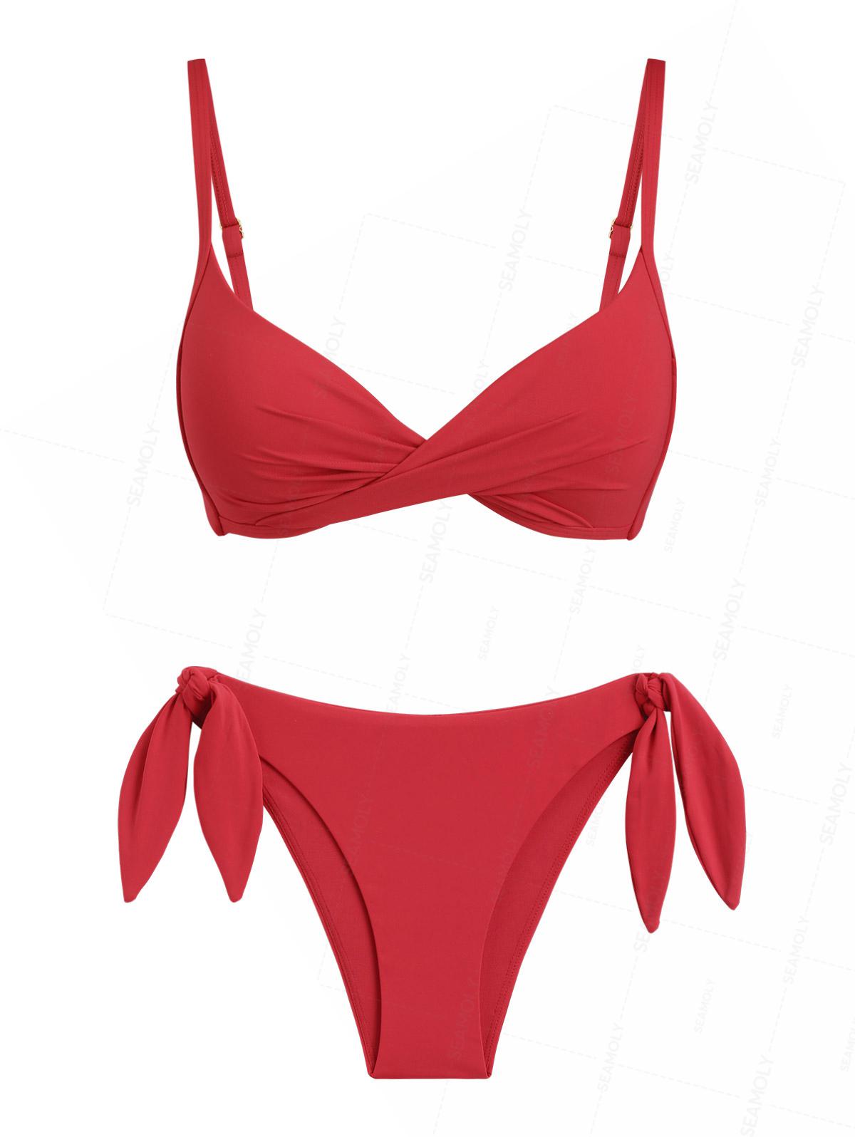 Seamolly Solid Color Crisscross Twist Gathering & Support Triangle Bikini Set