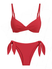 Seamolly Solid Color Crisscross Twist Gathering & Support Triangle Bikini Set