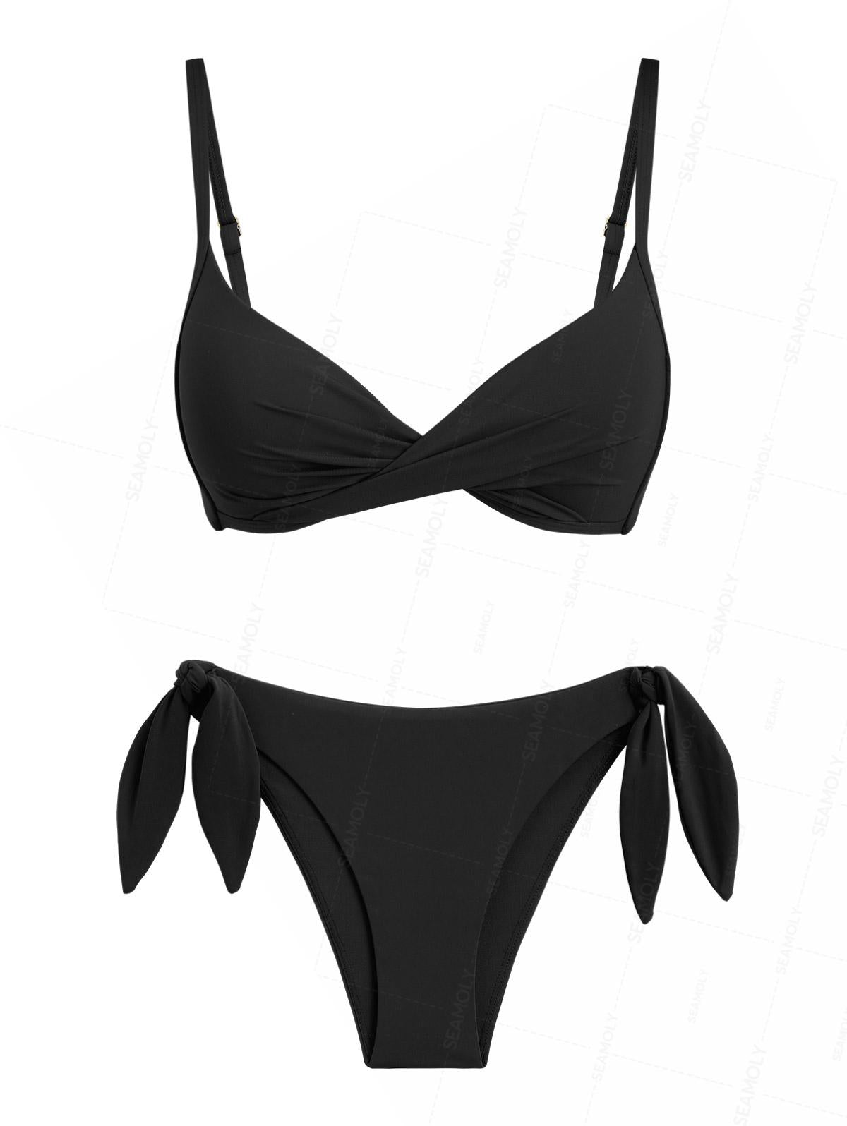 Seamolly Black Color Crisscross Twisted Ruched Gathering Triangle Bikini Set